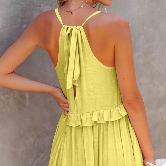 Ruffle Sleeveless Tie Back Tiered Summer Pocket Oversized High-Low Maxi Dress - Picture 4 of 13